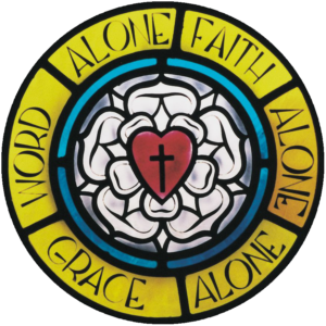 Luther seal with the words Word, Alone, Faith, Alone, Grace, Alone
