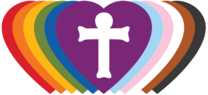 Hearts of different colors overlaid, top heart containing a cross